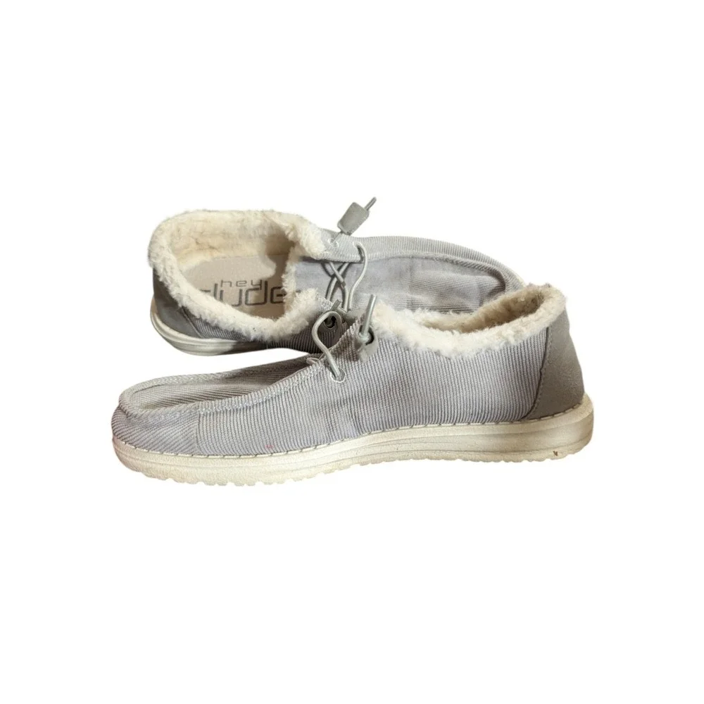 Hey Dude Wendy Corduroy Grey Gray Faux Fur Casual Walking Shoes Women's Size 7